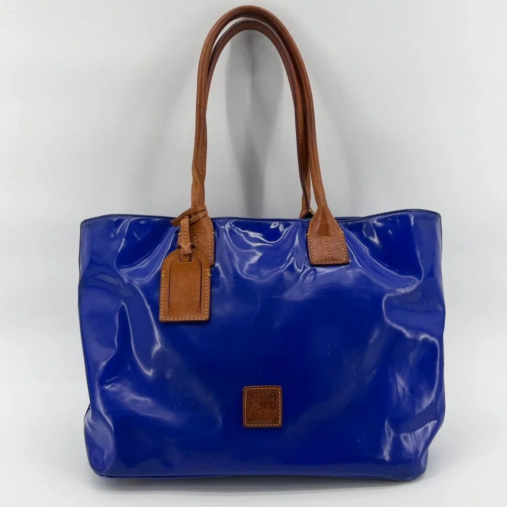 Dooney & Bourke Tote Bag Womens Medium Blue Patent Leather Tan Trim Shoulder Bag
